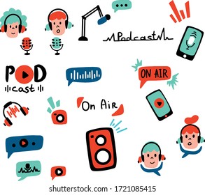 Vector illustration with microphone, faces, columns and labels Template for website, Wallpaper, app, packaging, background. Set of doodles podcast