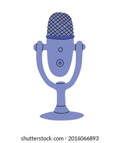 Vector illustration with microphone isolated on white background. Doodle icon of mic, sound recording equipment device for broadcasting and podcast