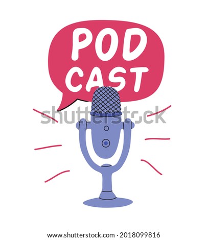 Vector illustration with microphone isolated on white background. Doodle icon of mic, sound recording equipment device for broadcasting and podcast