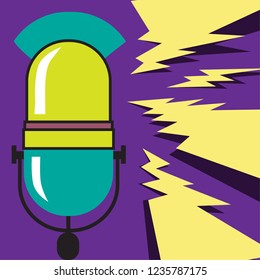 Vector illustration of microphone and  lightning. Banner with microphone for karaoke parties on the background and colored flashes of light.
