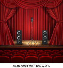 Vector illustration with microphone and loudspeakers on podium. Hall with red curtains for presentation. Stage for stand up, performance or lecture. Public scene for speech of orator