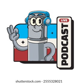 Vector Illustration of Microphone Mascot Wearing Headphone with Retro Mascot Illustration Available for Logo Badge
