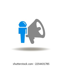 Vector illustration of microphone and megaphone. Icon of mass media. Symbol of journalism.