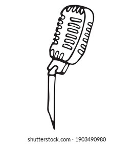 Vector illustration of a microphone. An object, linear image of a music microphone. Isolated picture in the doodle style.