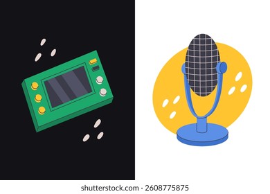Vector illustration of a microphone on a bright yellow background and a green retro console on a dark background. 