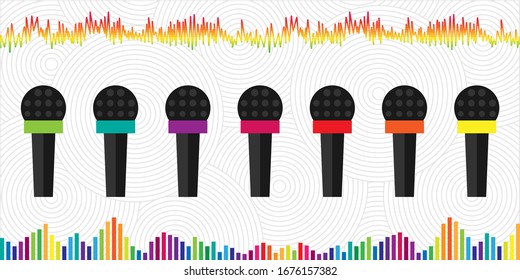 vector illustration of microphone rainbow colors sound waves and radio signals for podcast visuals 