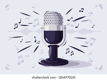 Vector illustration of a microphone with a sound wave and musical notes