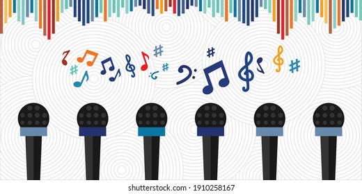 vector illustration of microphones and music notes for singing contest radio show or TV program