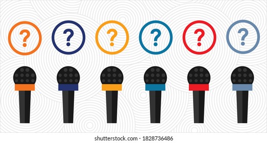 vector illustration of microphones row and question marks for podcast interviews and discussions