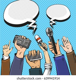 Vector illustration of microphones, smart phone and voice recorder in hands of reporters. Press conference or interview, speech bubbles in retro pop art comic style.