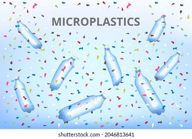 Vector illustration of microplastics – very small pieces of plastic products such as bottles in water. Water, ocean, sea pollution. Ecosystem problem – water pollution, plastics garbage. Eco design.