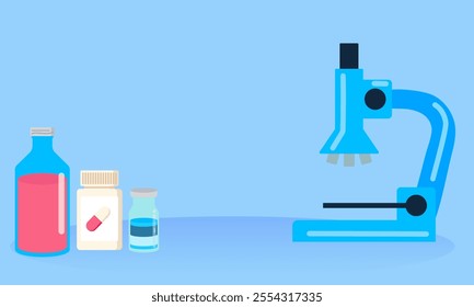 Vector illustration of a microscope alongside bottles of medicine and pills, symbolizing pharmaceutical research, medical studies, and healthcare innovation.