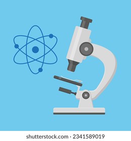 Vector illustration of microscope and atom in flat style, laboratory equipment, logo, icon.