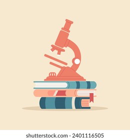 Vector illustration of a microscope with books. Concept of gaining knowledge, science
