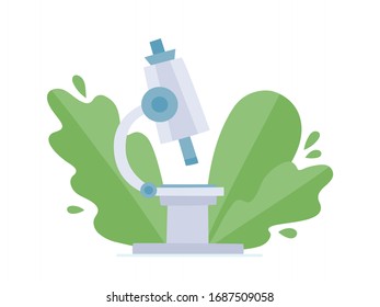 Vector illustration of microscope with decorative plant isolated on white. Medical concept art with special equipment used for posters, banners, fliers