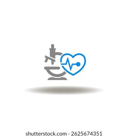 Ilustración vectorial del microscopio y del corazón. Símbolo de prueba de laboratorio médico. Icono de la cardiología que examina la enfermedad.