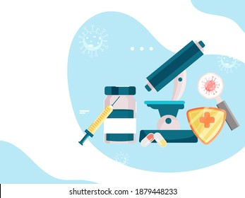 Vektorgrafik von Mikroskop, Glass, medizinischem Schutzschild und Impfstoff für Impfungs- oder Impfstoffkonzepte.