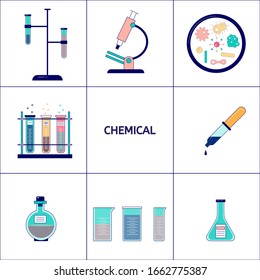 Vector illustration  with a microscope, a rack with a test tube, a set of flasks. Icons set for chemistry, medicine and science lessons.