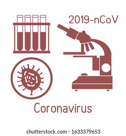 Vector illustration  Microscope,  research Chinese corona virus ncov, test tubes Protect from 2019-nCoV. China pathogen respiratory coronavirus SARS pandemic risk alert Medicine Design for web, print