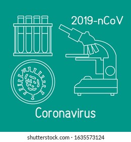 Vector illustration  Microscope,  research Chinese corona virus ncov, test tubes Protect from 2019-nCoV. China pathogen respiratory coronavirus SARS pandemic risk alert Medicine Design for web, print