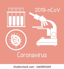 Vector illustration  Microscope,  research Chinese corona virus ncov, test tubes Protect from 2019-nCoV. China pathogen respiratory coronavirus SARS pandemic risk alert Medicine Design for web, print