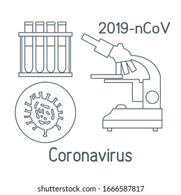 Vector illustration  Microscope,  research Chinese corona virus ncov, test tubes Protect from 2019-nCoV. China pathogen respiratory coronavirus SARS pandemic risk alert Medicine Design for web, print