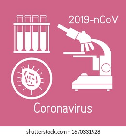 Vector illustration  Microscope,  research Chinese corona virus ncov, test tubes Protect from 2019-nCoV. China pathogen respiratory coronavirus SARS pandemic risk alert Medicine Design for web, print