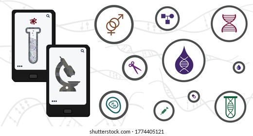 vector illustration of microscopic investigation of human DNA cells and chromosome icons