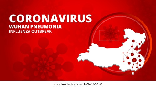 Vector illustration of microscopic view of Wuhan coronavirus with word and China map with circle highlighted in red background. Concept of Novel coronavirus 2019-nCoV disease, outbreak and quarantine.