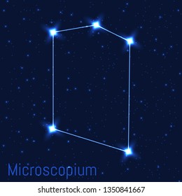 Vector illustration of Microscopium constellation. Astronomical Microscope. Cluster of realistic stars in the dark blue starry sky.