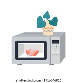 Ilustración vectorial microondas. Cocina y flor.