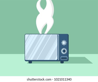 Vector illustration. The microwave oven is dark blue with a mirror door and a steaming steam.