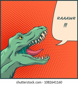 Vector illustration in mid century comics style - rawring dinosaur with halftone background and speech bubble.