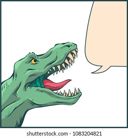 Vector illustration in mid century comics style - frame with rawring dinosaur on white halftone background and speech bubble.