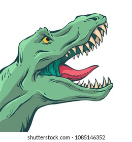 Vector illustration in mid century comics style - rawring dinosaur head on isolated white background
