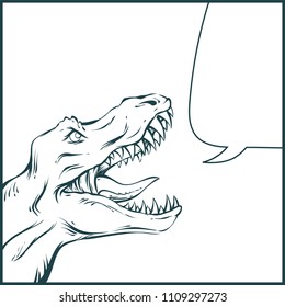 Vector illustration in mid century comics style - frame with rawring dinosaur on white background and speech bubble.