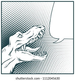 Vector illustration in mid century comics style - rawring dinosaur outline manga page with halftone background and speech bubble.