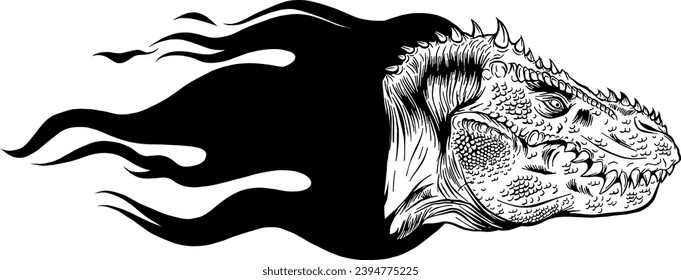 Vector illustration in mid century comics style - outline rawring dinosaur head on isolated white background