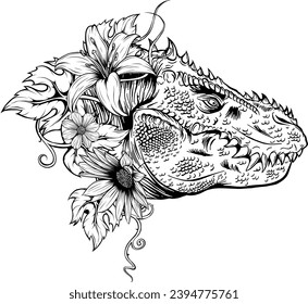 Vector illustration in mid century comics style - outline rawring dinosaur head on isolated white background