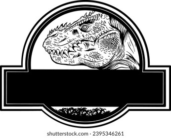 Vector illustration in mid century comics style - outline rawring dinosaur head on isolated white background