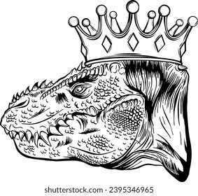 Vector illustration in mid century comics style - outline rawring dinosaur head on isolated white background