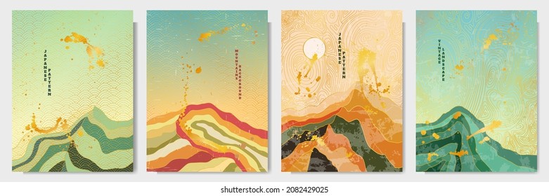 Vector illustration. Mid century modern graphic. 60s retro art. Grunge texture. Minimalist mountain landscape. Luxury design elements for poster, invitation card, book cover, magazine. Gold splashes.
