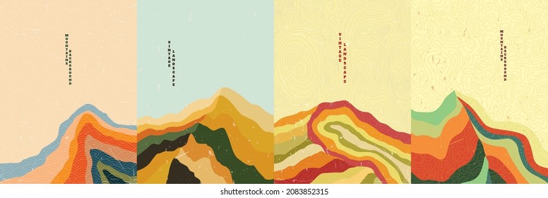 Vector illustration. Mid century modern graphic. 50s, 60s retro art. Grunge scratched texture. Minimalist mountain landscape. Design elements for poster, invitation card, book cover, magazine.