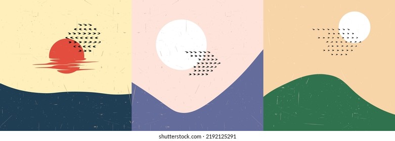 Vector illustration. Mid century modern graphic. 60s, 70s retro funky graphic. Grunge texture. Minimalist landscape set. Abstract shapes. Design elements for social media, blog post, banner, card