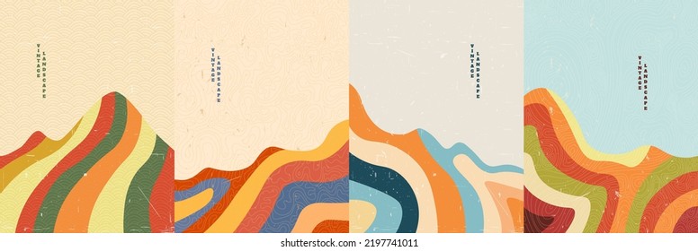 Vector illustration. Mid century modern graphic. 50s, 60s retro art. Grunge scratched texture. Minimalist mountain landscape. Design elements for poster, invitation card, book cover, magazine.