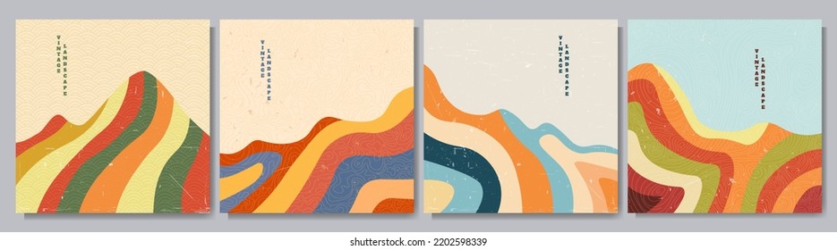 Ilustración vectorial. Gráfico moderno de mediados de siglo. Arte retro de los años 50, 60. Textura raspada de Grunge. Un paisaje montañoso minimalista. Colinas dibujadas a mano a rayas. Patrón lineal. Elementos de diseño gráfico de época