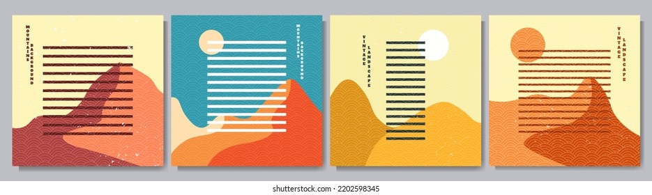 Vector Illustration. Mid Century Modern Graphic. 50s, 60s Retro Art. Geometric Lines. Grunge Scratched Texture. Mountain Landscape. Sunset. Design Elements For Social Media, Blog Post, Web Advertising