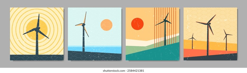 Vector illustration. Mid century modern graphic. 70s retro funky style. Wind energy concept. Windmills landscape, sunset scene with grunge texture. Renewable energy, eco-friendly technology