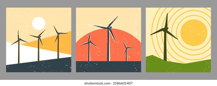 Vector illustration. Mid century modern graphic. 70s retro funky style. Wind energy concept. Windmills landscape, sunset scene with grunge texture. Renewable energy, eco-friendly technology