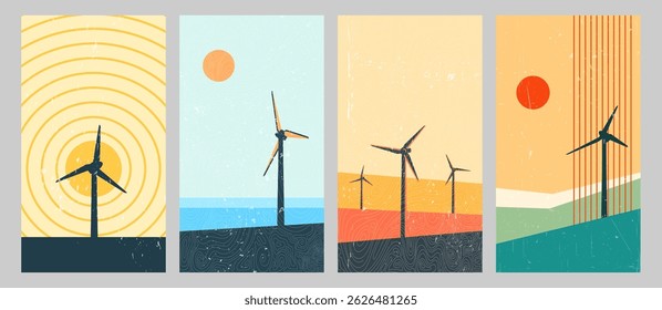 Vector illustration. Mid century modern graphic. 70s retro funky style. Wind energy concept. Windmills landscape, sunset scene with grunge texture. Renewable energy, eco-friendly technology